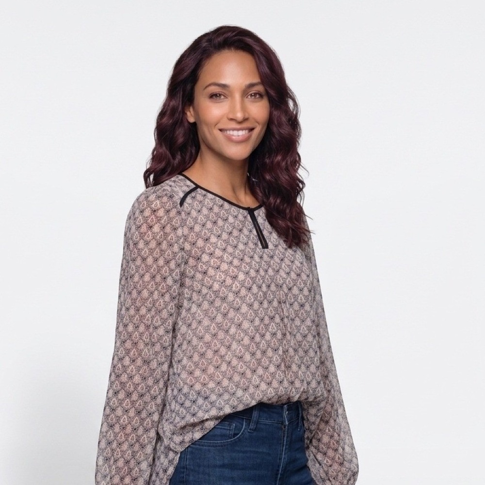 Pleione Blouse Women Large Tan Long Sleeve Geometric Print Split Neck Top